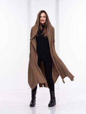 Camel Wool Duster Cloak with Hood Knit Cardigan Cape Large Transitional Pockets